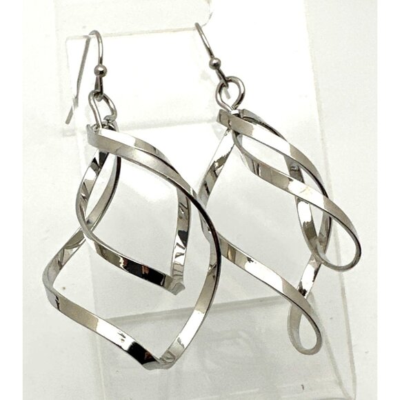 Elegant Silve-Tone Twisted Hoop Dangle Earrings 2 inch Drop Elegant - Picture 3 of 5